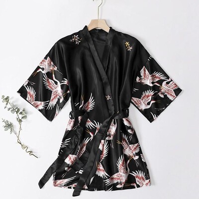 Εκτύπωση Crane 2 τμχ Ρόμπα Νυχτικό Σετ Γυναικείο Μακρύ Νυχτικό Νύφη παράνυμφο Μπουρνούζι γάμου κιμονό Φαρδιά σατέν Εσώρουχα για το σπίτι