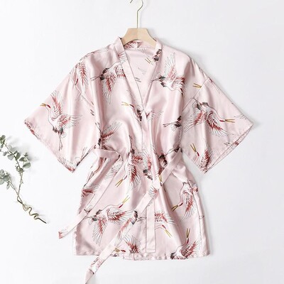 Εκτύπωση Crane 2 τμχ Ρόμπα Νυχτικό Σετ Γυναικείο Μακρύ Νυχτικό Νύφη παράνυμφο Μπουρνούζι γάμου κιμονό Φαρδιά σατέν Εσώρουχα για το σπίτι