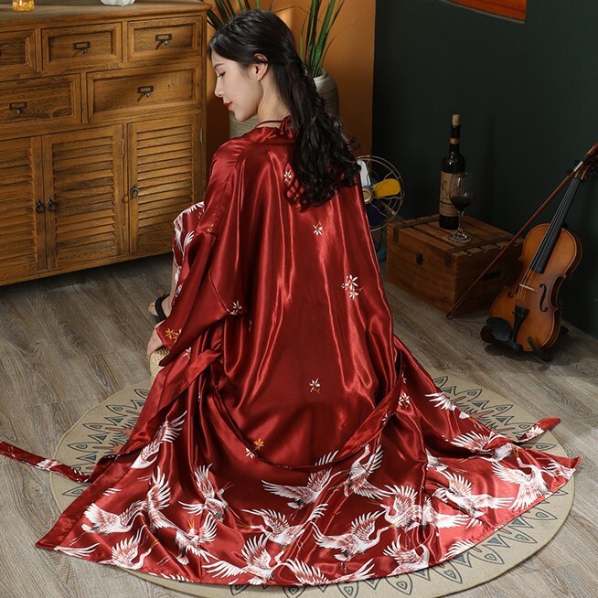 Εκτύπωση Crane 2 τμχ Ρόμπα Νυχτικό Σετ Γυναικείο Μακρύ Νυχτικό Νύφη παράνυμφο Μπουρνούζι γάμου κιμονό Φαρδιά σατέν Εσώρουχα για το σπίτι