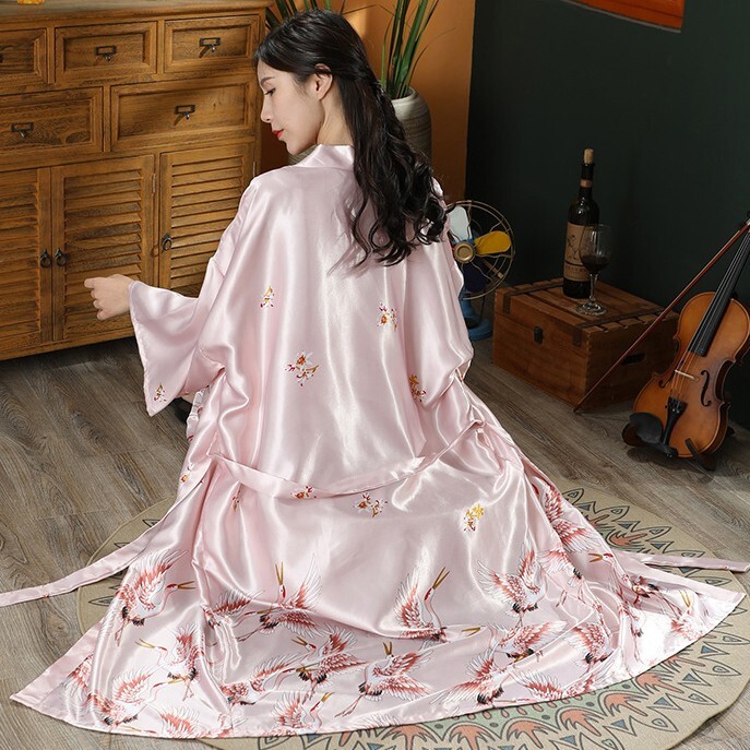 Εκτύπωση Crane 2 τμχ Ρόμπα Νυχτικό Σετ Γυναικείο Μακρύ Νυχτικό Νύφη παράνυμφο Μπουρνούζι γάμου κιμονό Φαρδιά σατέν Εσώρουχα για το σπίτι