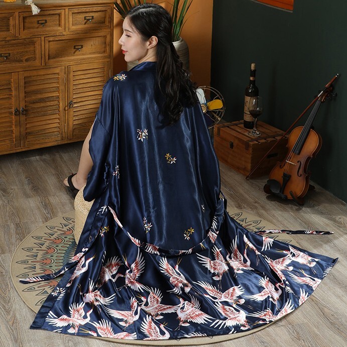 Εκτύπωση Crane 2 τμχ Ρόμπα Νυχτικό Σετ Γυναικείο Μακρύ Νυχτικό Νύφη παράνυμφο Μπουρνούζι γάμου κιμονό Φαρδιά σατέν Εσώρουχα για το σπίτι