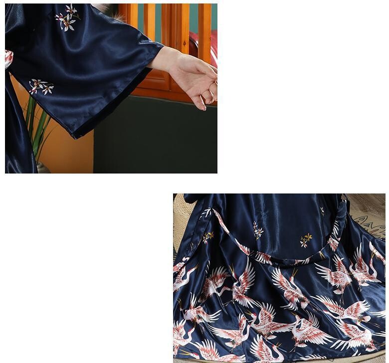 Εκτύπωση Crane 2 τμχ Ρόμπα Νυχτικό Σετ Γυναικείο Μακρύ Νυχτικό Νύφη παράνυμφο Μπουρνούζι γάμου κιμονό Φαρδιά σατέν Εσώρουχα για το σπίτι