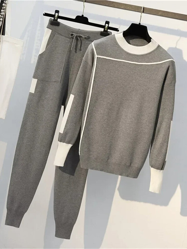 Új őszi téli női kötött, 2 részes szett, hosszú ujjú, nyakú, sportruházat, pulóver és zsebes nadrágkosztüm 2 db-os ruhák