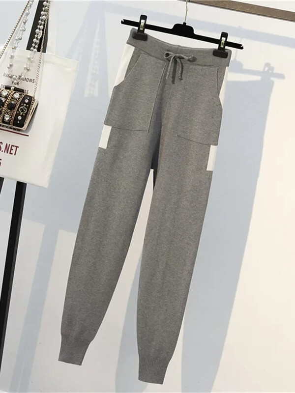 Új őszi téli női kötött, 2 részes szett, hosszú ujjú, nyakú, sportruházat, pulóver és zsebes nadrágkosztüm 2 db-os ruhák