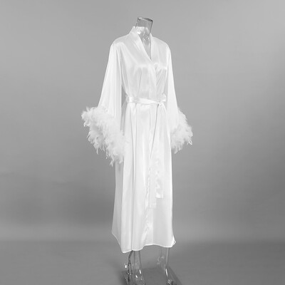 Ρουζ με πούπουλα Κιμονό Ρόμπα μπουντουάρ γάμου Μήκος μάξι φόρεμα ντυσίματος Ρόμπες Bride to Be Hen Party Stain Silk εσώρουχα