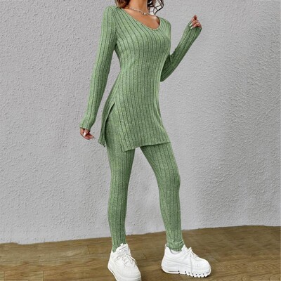 Dámske pletené súpravy jeseň/zima 2024 s dlhým rukávom, pulóverom, tričkami, rebrovanými nohavicami Simming Fit, jednofarebnými, jednoduchými, dvojdielnymi outfitmi a domácimi potrebami