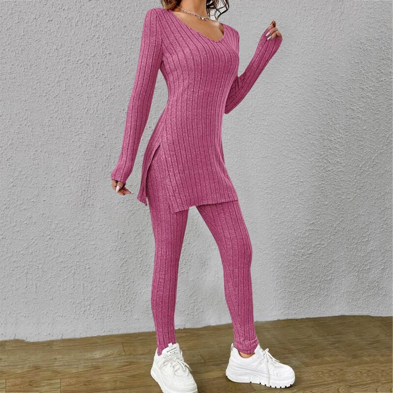 Dámske pletené súpravy jeseň/zima 2024 s dlhým rukávom, pulóverom, tričkami, rebrovanými nohavicami Simming Fit, jednofarebnými, jednoduchými, dvojdielnymi outfitmi a domácimi potrebami