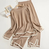 Jesenný zimný sveter s dlhým rukávom a bočným rozparkom s výstrihom do O-neck + nohavice s vysokým pásom, dvojdielna súprava pre ženy, ležérna tepláková súprava