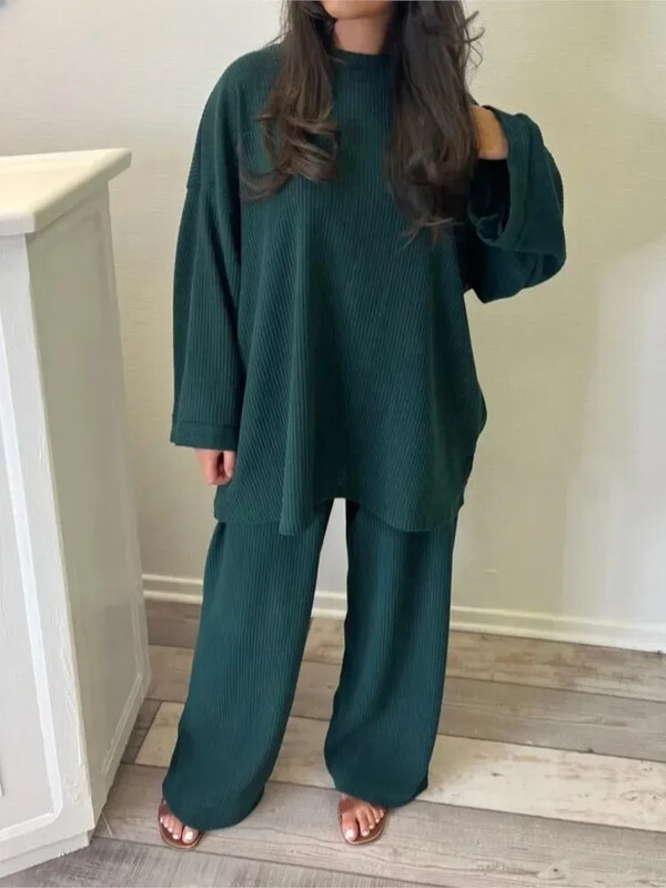 Seturi de pantaloni din velur de culoare solidă, toamnă iarnă, pantaloni largi cu mânecă lungă, pantaloni largi, set de două piese, îmbrăcăminte pentru femeie pentru navetă