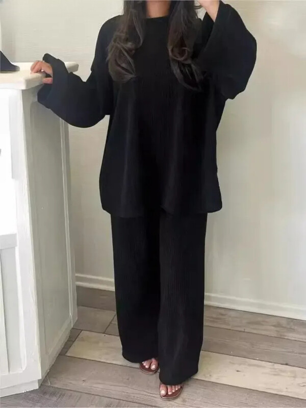 Seturi de pantaloni din velur de culoare solidă, toamnă iarnă, pantaloni largi cu mânecă lungă, pantaloni largi, set de două piese, îmbrăcăminte pentru femeie pentru navetă