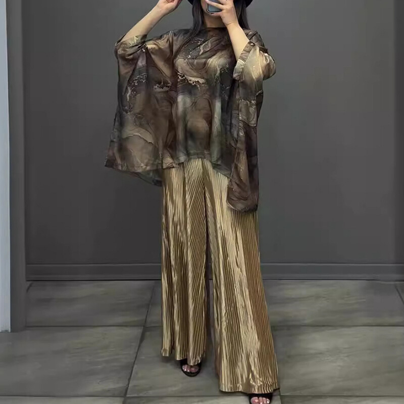 Tavaszi őszi geometrikus mintás vintage szett női elegáns O nyakú, laza felső pulóverrel és redős, széles szárú nadrággal, alkalmi 2 db-os öltöny