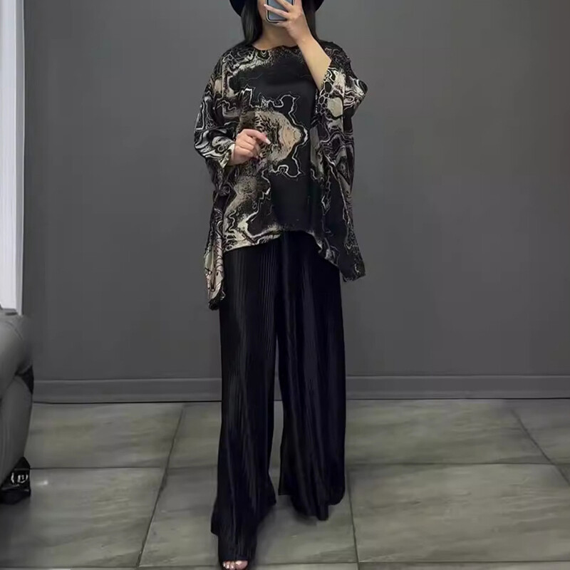 Tavaszi őszi geometrikus mintás vintage szett női elegáns O nyakú, laza felső pulóverrel és redős, széles szárú nadrággal, alkalmi 2 db-os öltöny