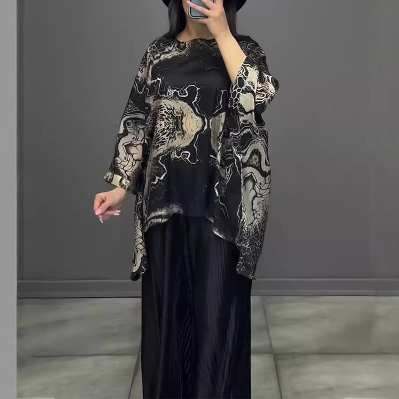 Tavaszi őszi geometrikus mintás vintage szett női elegáns O nyakú, laza felső pulóverrel és redős, széles szárú nadrággal, alkalmi 2 db-os öltöny