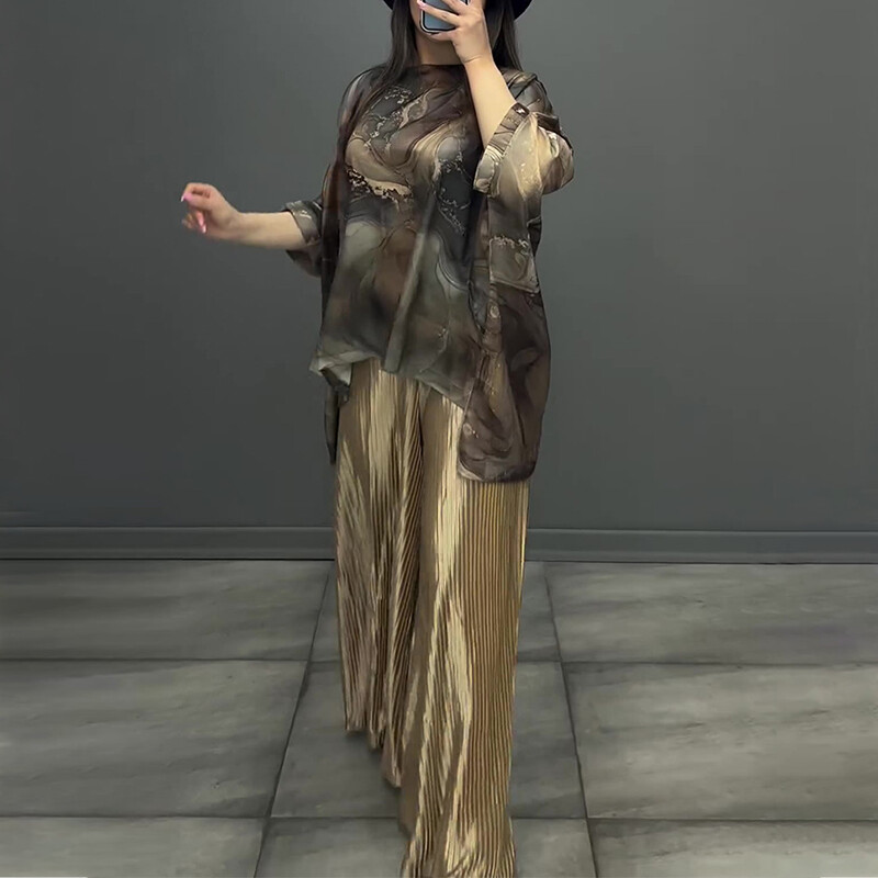 Tavaszi őszi geometrikus mintás vintage szett női elegáns O nyakú, laza felső pulóverrel és redős, széles szárú nadrággal, alkalmi 2 db-os öltöny