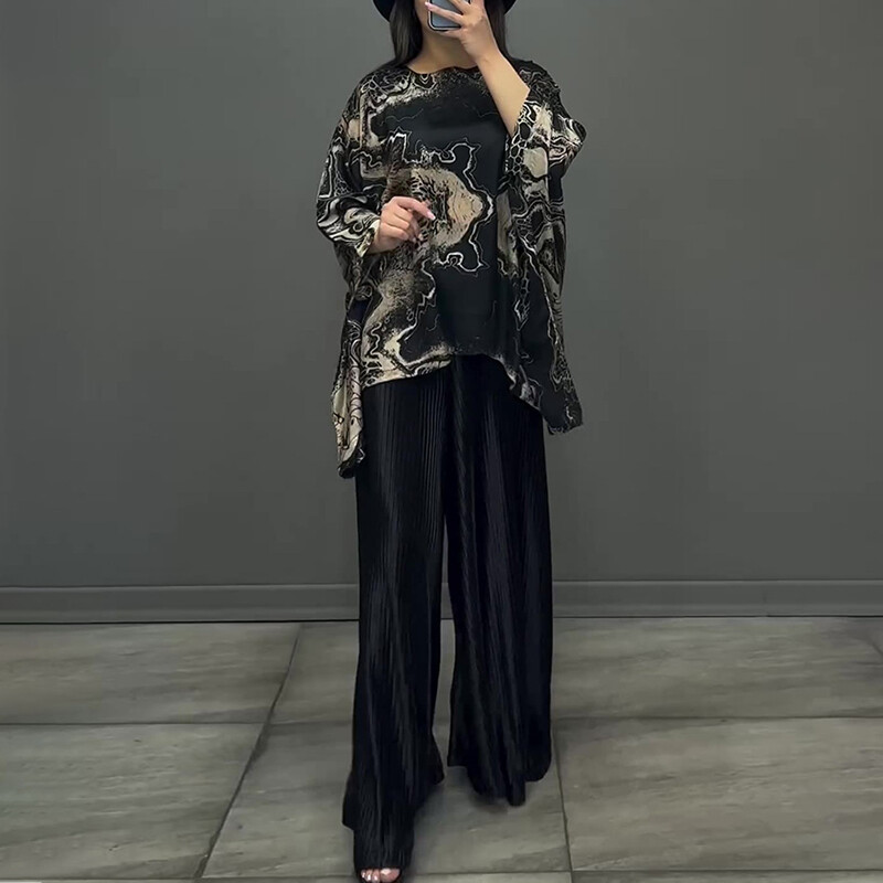 Tavaszi őszi geometrikus mintás vintage szett női elegáns O nyakú, laza felső pulóverrel és redős, széles szárú nadrággal, alkalmi 2 db-os öltöny