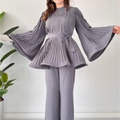 Dámske voľné nohavice s nariaseným topom a opaskom, elegantný dlhý rukáv s netopierím krkom a veľkým výstrihom, široké nohavice, 2-dielna súprava