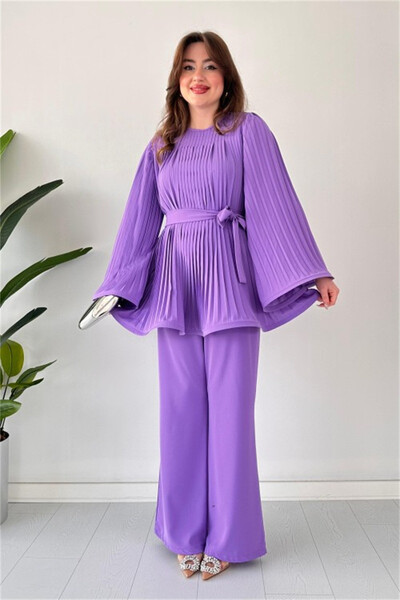 Dámske voľné nohavice s nariaseným topom a opaskom, elegantný dlhý rukáv s netopierím krkom a veľkým výstrihom, široké nohavice, 2-dielna súprava