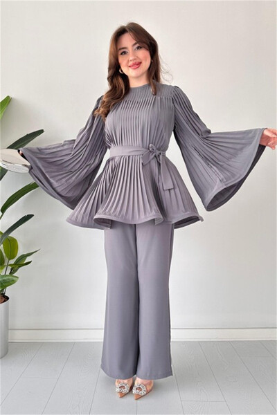 Dámske voľné nohavice s nariaseným topom a opaskom, elegantný dlhý rukáv s netopierím krkom a veľkým výstrihom, široké nohavice, 2-dielna súprava