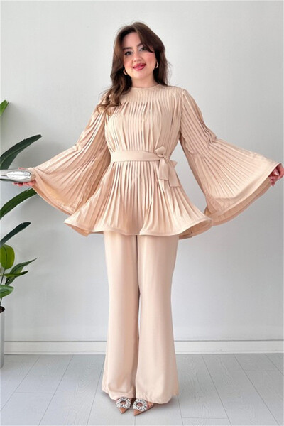 Dámske voľné nohavice s nariaseným topom a opaskom, elegantný dlhý rukáv s netopierím krkom a veľkým výstrihom, široké nohavice, 2-dielna súprava
