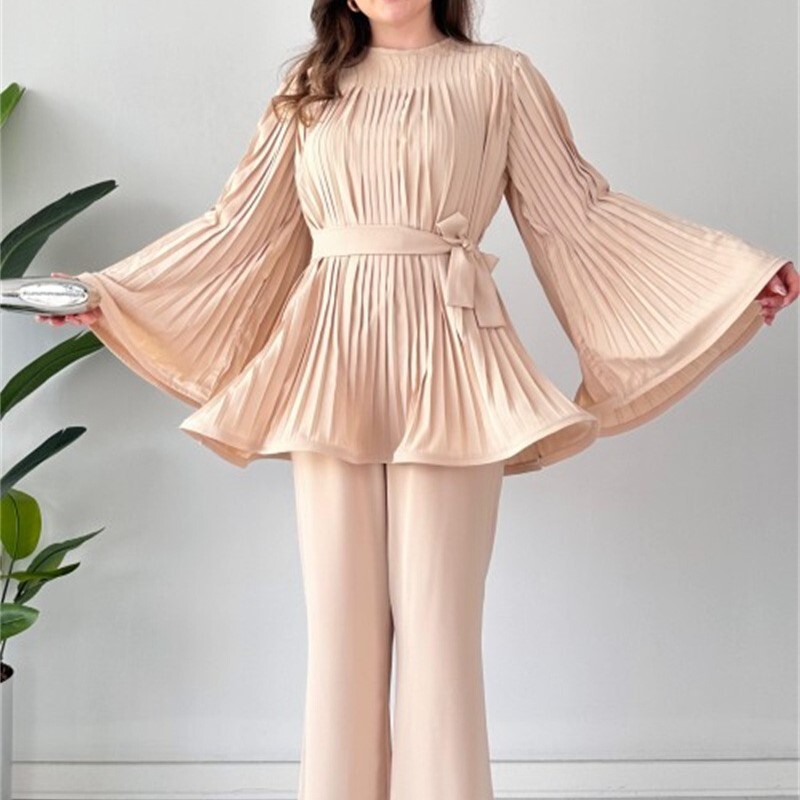 Dámske voľné nohavice s nariaseným topom a opaskom, elegantný dlhý rukáv s netopierím krkom a veľkým výstrihom, široké nohavice, 2-dielna súprava