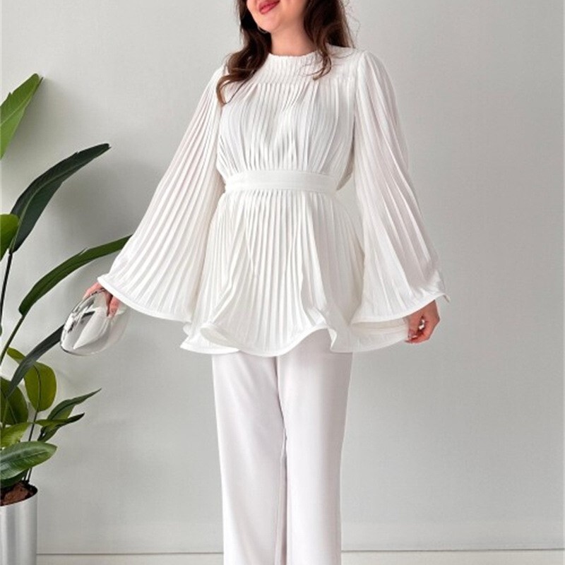 Dámske voľné nohavice s nariaseným topom a opaskom, elegantný dlhý rukáv s netopierím krkom a veľkým výstrihom, široké nohavice, 2-dielna súprava