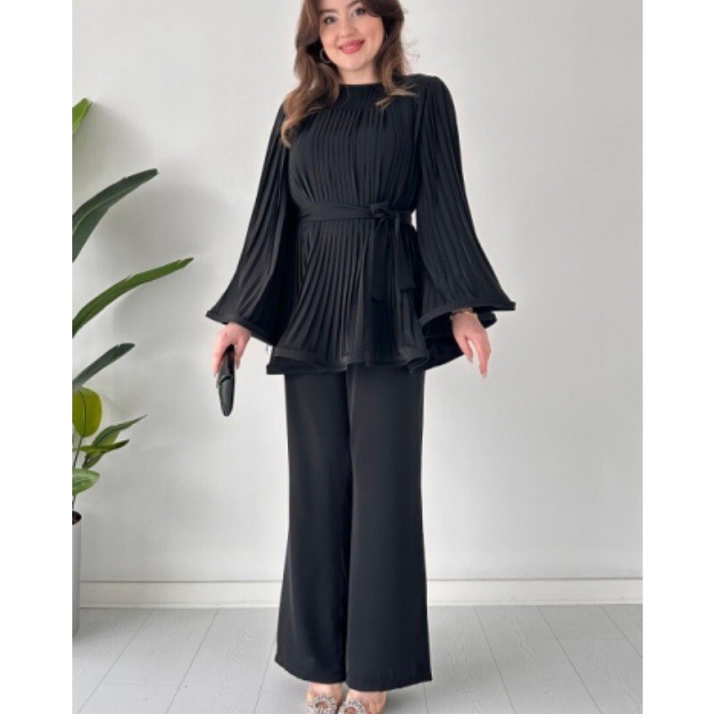 Dámske voľné nohavice s nariaseným topom a opaskom, elegantný dlhý rukáv s netopierím krkom a veľkým výstrihom, široké nohavice, 2-dielna súprava