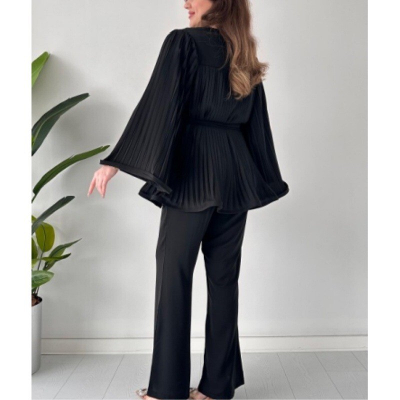 Dámske voľné nohavice s nariaseným topom a opaskom, elegantný dlhý rukáv s netopierím krkom a veľkým výstrihom, široké nohavice, 2-dielna súprava
