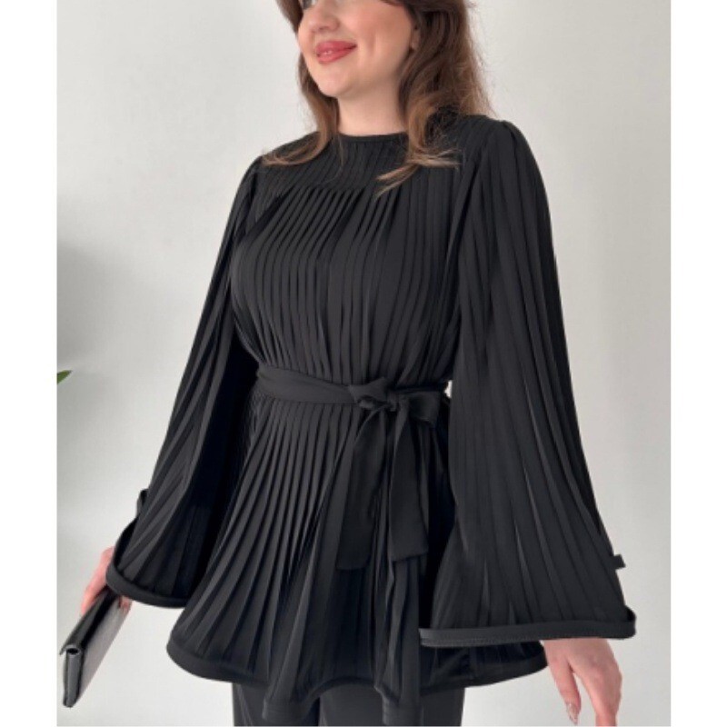 Dámske voľné nohavice s nariaseným topom a opaskom, elegantný dlhý rukáv s netopierím krkom a veľkým výstrihom, široké nohavice, 2-dielna súprava