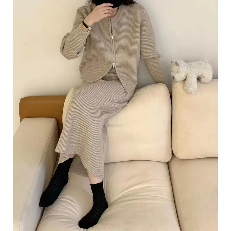 Rochie de lână cu fermoar dublu, la modă, set din două piese, lejer, toamnă și iarnă, jumătate nouă, cardigan tricotat