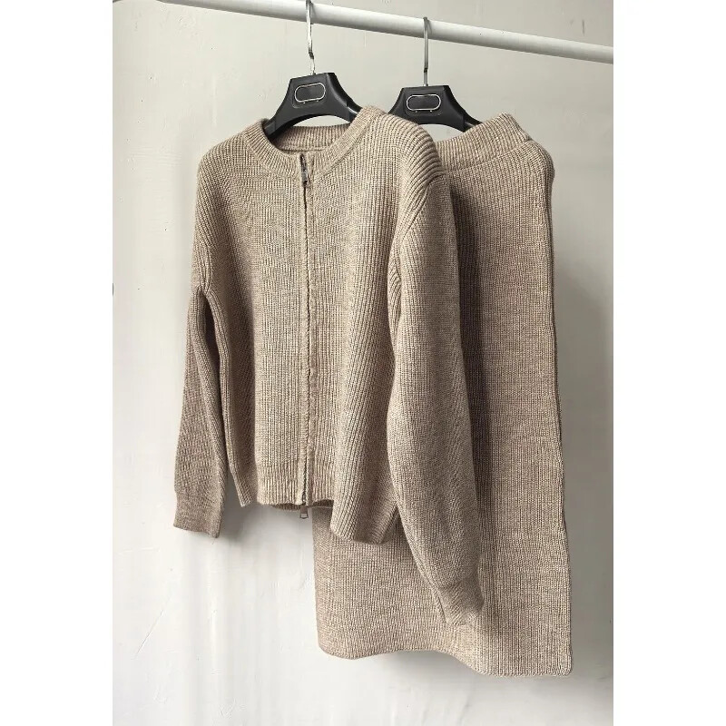 Rochie de lână cu fermoar dublu, la modă, set din două piese, lejer, toamnă și iarnă, jumătate nouă, cardigan tricotat