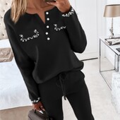 2-dielne súpravy Dámske outfity Elegantný pulóver s plným rukávom, perleťový výstrih do V, čierne ležérne nohavice, dámske oblečenie jeseň/zima 2024