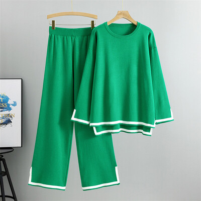 Elegáns szettek nőknek 2 db O-nyakú oldalsó hasított pulóver, hosszú ujjú pulóver, széles szárú nadrág szettek Irodai női őszi OL pulóver