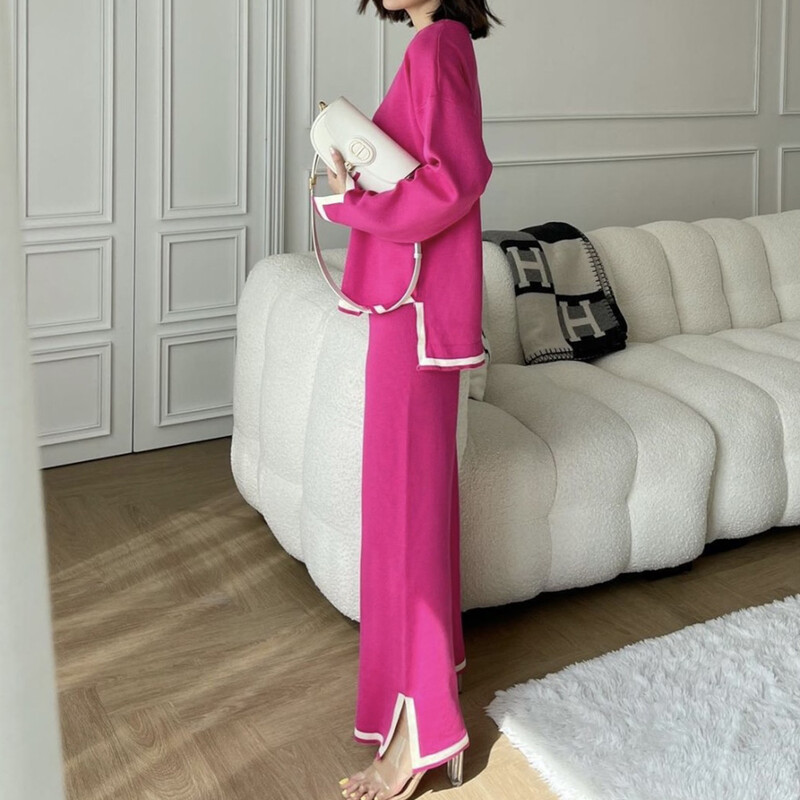 Elegáns szettek nőknek 2 db O-nyakú oldalsó hasított pulóver, hosszú ujjú pulóver, széles szárú nadrág szettek Irodai női őszi OL pulóver