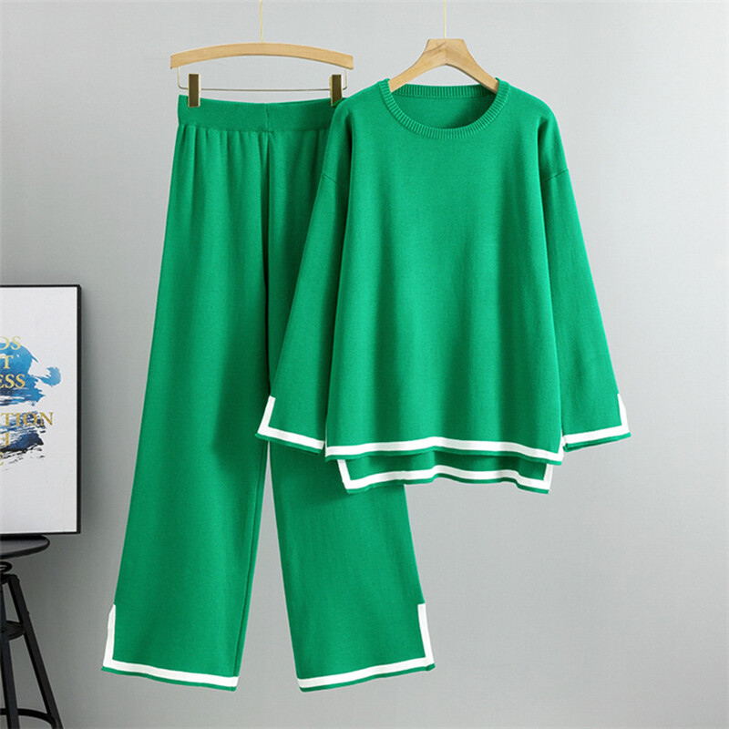 Elegáns szettek nőknek 2 db O-nyakú oldalsó hasított pulóver, hosszú ujjú pulóver, széles szárú nadrág szettek Irodai női őszi OL pulóver