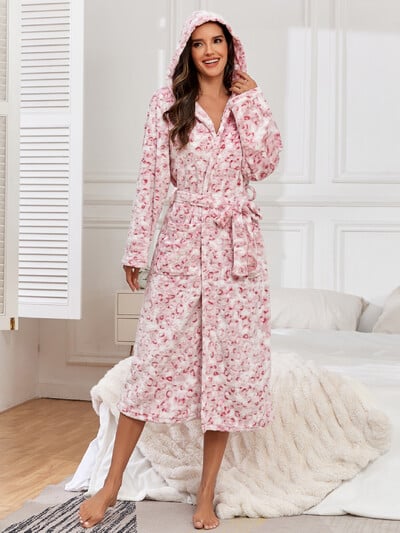 RONGTAI női leopárdmintás kapucnis fürdőköpeny női polár plüss meleg hosszú köntös Polár hálóing hálóing