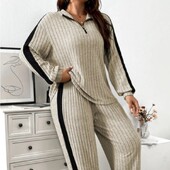 Moteriškos briaunotos sportinės aprangos rinkinys su V formos iškirpte užtrauktuku, laisvalaikio vienspalvis moteriškas rudens ir žiemos 2 dalių komplektas, moteriška apranga