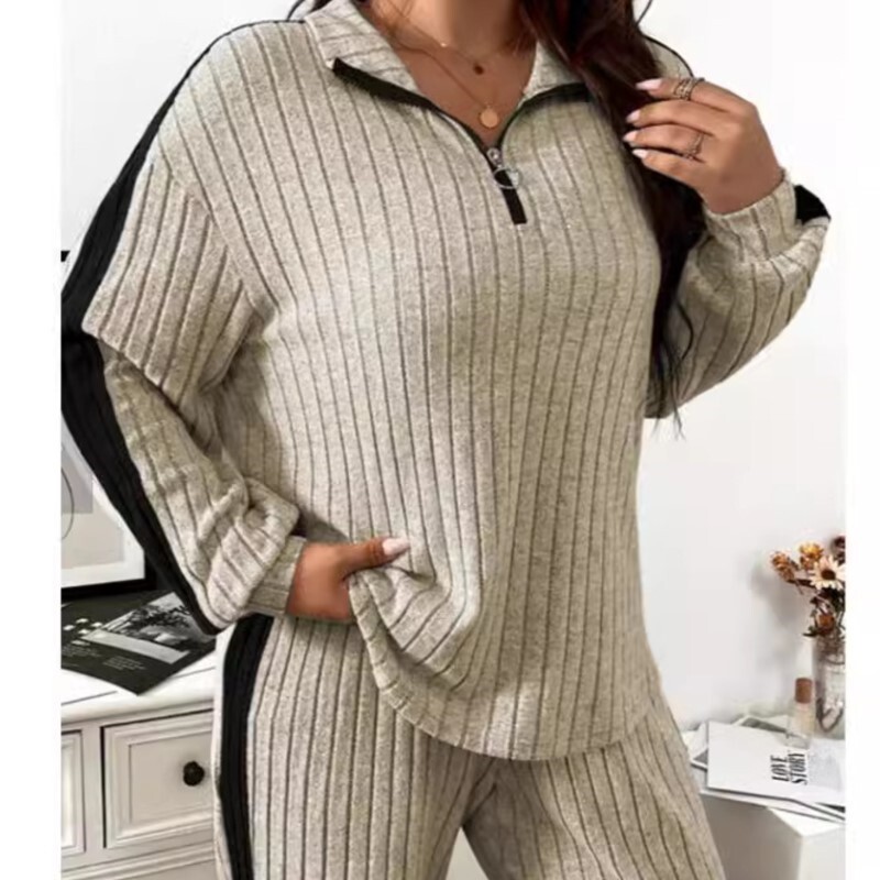 Moteriškos briaunotos sportinės aprangos rinkinys su V formos iškirpte užtrauktuku, laisvalaikio vienspalvis moteriškas rudens ir žiemos 2 dalių komplektas, moteriška apranga