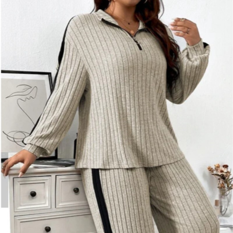 Moteriškos briaunotos sportinės aprangos rinkinys su V formos iškirpte užtrauktuku, laisvalaikio vienspalvis moteriškas rudens ir žiemos 2 dalių komplektas, moteriška apranga