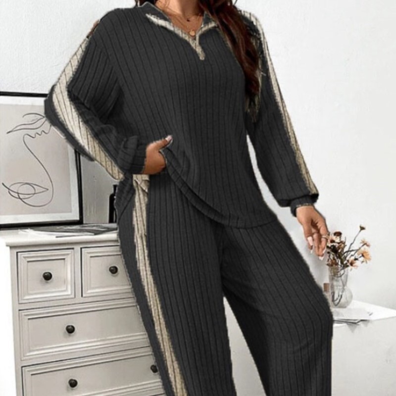 Moteriškos briaunotos sportinės aprangos rinkinys su V formos iškirpte užtrauktuku, laisvalaikio vienspalvis moteriškas rudens ir žiemos 2 dalių komplektas, moteriška apranga