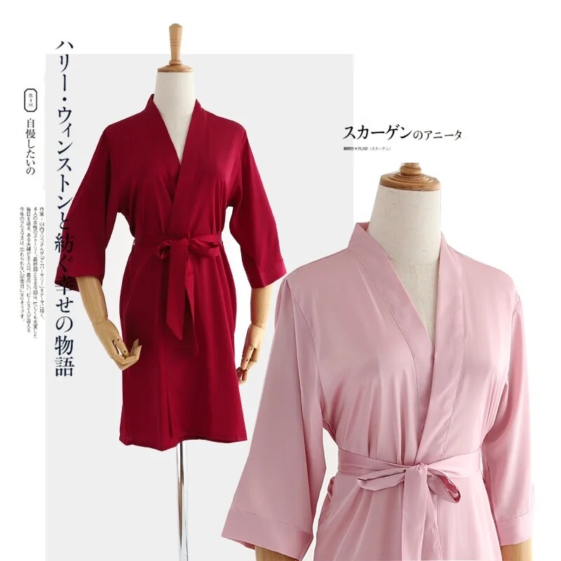 Дамска сватбена бяла булчинска роба Сутрешна рокля Спално облекло с 3/4 ръкави Свободна нощница Женско копринено сатенено кимоно Халат за баня Бельо