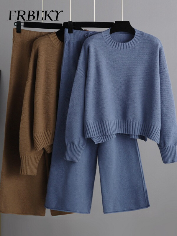 Seturi elegante de damă, toamnă iarnă 2024, costum de tricotat casual, pulover largi, pantaloni cu picioare largi, set din două piese, pulover