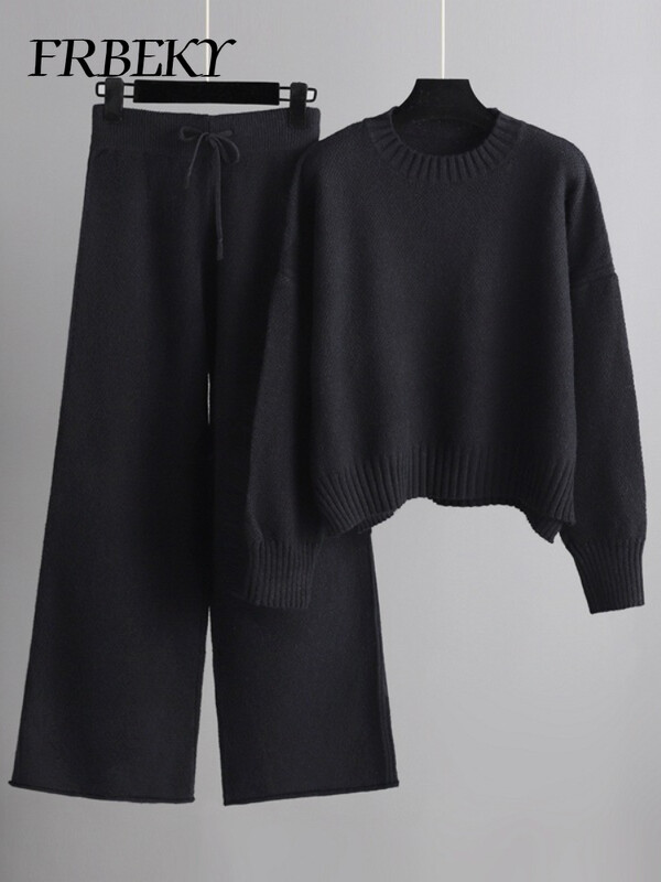 Seturi elegante de damă, toamnă iarnă 2024, costum de tricotat casual, pulover largi, pantaloni cu picioare largi, set din două piese, pulover