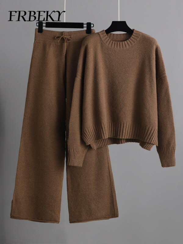 Seturi elegante de damă, toamnă iarnă 2024, costum de tricotat casual, pulover largi, pantaloni cu picioare largi, set din două piese, pulover