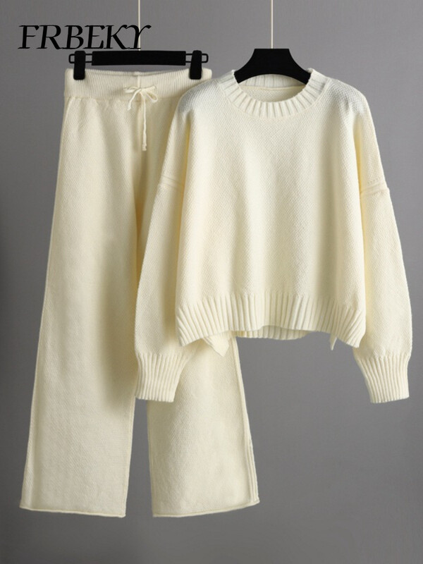 Seturi elegante de damă, toamnă iarnă 2024, costum de tricotat casual, pulover largi, pantaloni cu picioare largi, set din două piese, pulover