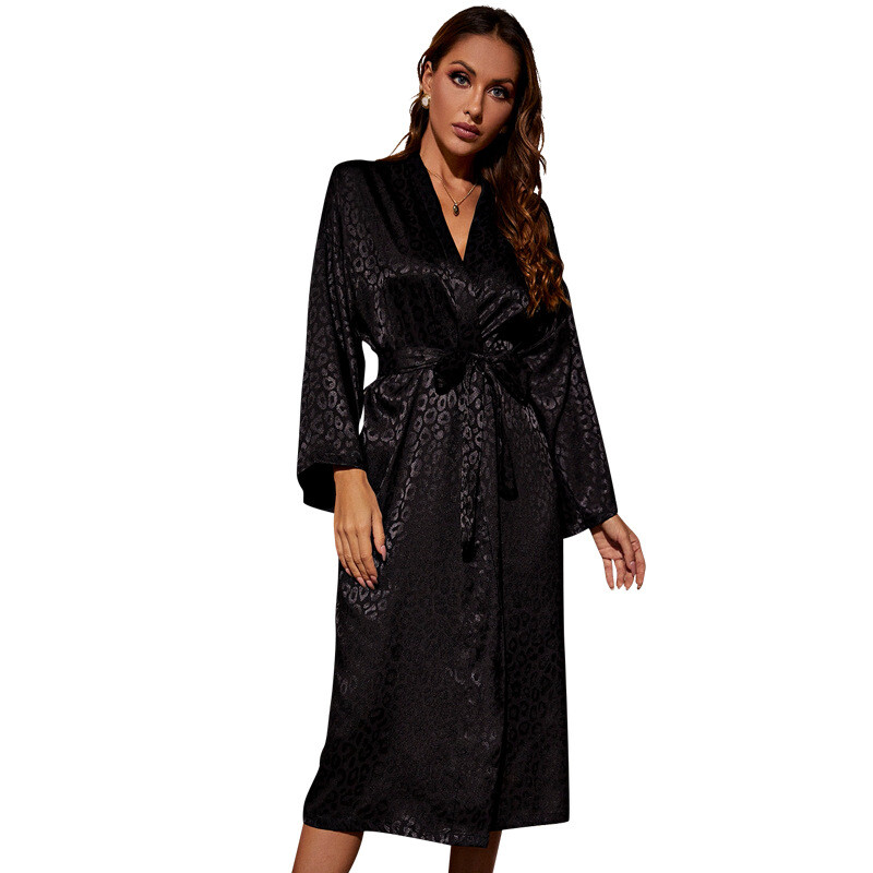 Robe de femeie cu imprimeu negru, kimono, halat de baie, cu centură, cămașă de noapte sexy cu decolteu în V, haine de dormit, rochie de acasă din satin de mătase lejer