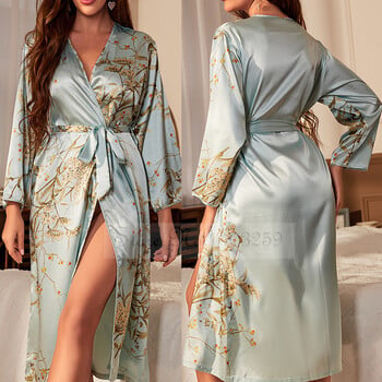 Μαύρη στάμπα Flower Long Robe Νυχτικό Μεταξωτό Σατέν Γυναικείο Πυζά Νυχτικό Άνοιξη Καλοκαίρι Φαρδύ κιμονό Μπουρνούζι Φόρεμα για το σπίτι