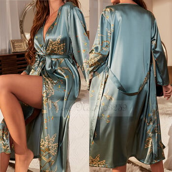 Μαύρη στάμπα Flower Long Robe Νυχτικό Μεταξωτό Σατέν Γυναικείο Πυζά Νυχτικό Άνοιξη Καλοκαίρι Φαρδύ κιμονό Μπουρνούζι Φόρεμα για το σπίτι