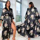 PLUS SIZE 5XL Sexy Love Print Flower Robă lungă Cămașă de noapte Kimono Halat de baie Rochie de dormit elegantă Rochie de casă din satin pentru femei