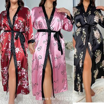 ΣΥΝ ΜΕΓΕΘΟΣ 5XL Sexy Love Print Flower Long Robe Νυχτικό Kimono Μπουρνούζι Φόρεμα Κομψό Sleepwear Γυναικεία Σατέν Σπίτι φόρεμα