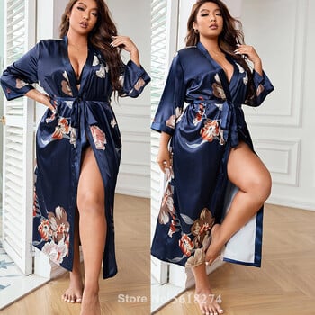 ΣΥΝ ΜΕΓΕΘΟΣ 5XL Sexy Love Print Flower Long Robe Νυχτικό Kimono Μπουρνούζι Φόρεμα Κομψό Sleepwear Γυναικεία Σατέν Σπίτι φόρεμα